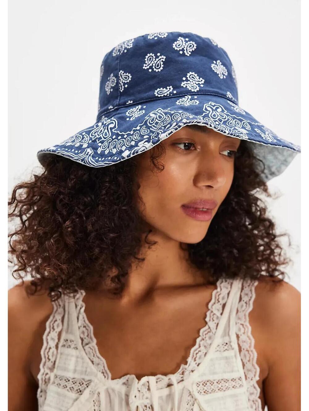 Free People Reversible Bucket Hat Bandana Print Blue One Size NWT